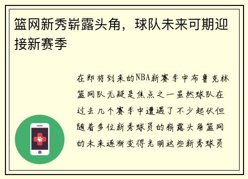 篮网新秀崭露头角，球队未来可期迎接新赛季